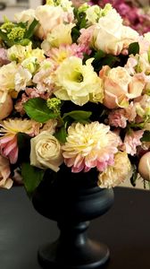 Preview wallpaper roses, chrysanthemums, flowers, bouquet, vase, table