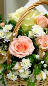 Preview wallpaper roses, chrysanthemums, gypsophila, basket, beautiful