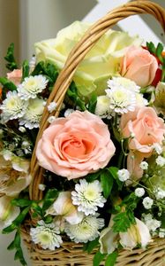 Preview wallpaper roses, chrysanthemums, gypsophila, basket, beautiful