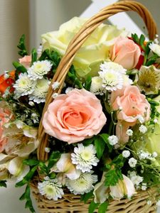 Preview wallpaper roses, chrysanthemums, gypsophila, basket, beautiful