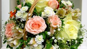 Preview wallpaper roses, chrysanthemums, gypsophila, basket, beautiful