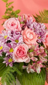 Preview wallpaper roses, chrysanthemums, lilies, bouquet, decoration, green