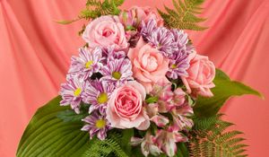 Preview wallpaper roses, chrysanthemums, lilies, bouquet, decoration, green