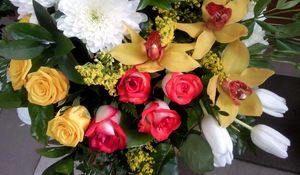 Preview wallpaper roses, chrysanthemums, orchids, tulips, flowers, bouquets, greens, beautifully
