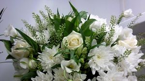 Preview wallpaper roses, chrysanthemums, white, flowers, bouquet