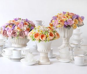 Preview wallpaper roses, daffodils, ranunkulyus, flowers, bouquets, vases, porcelain