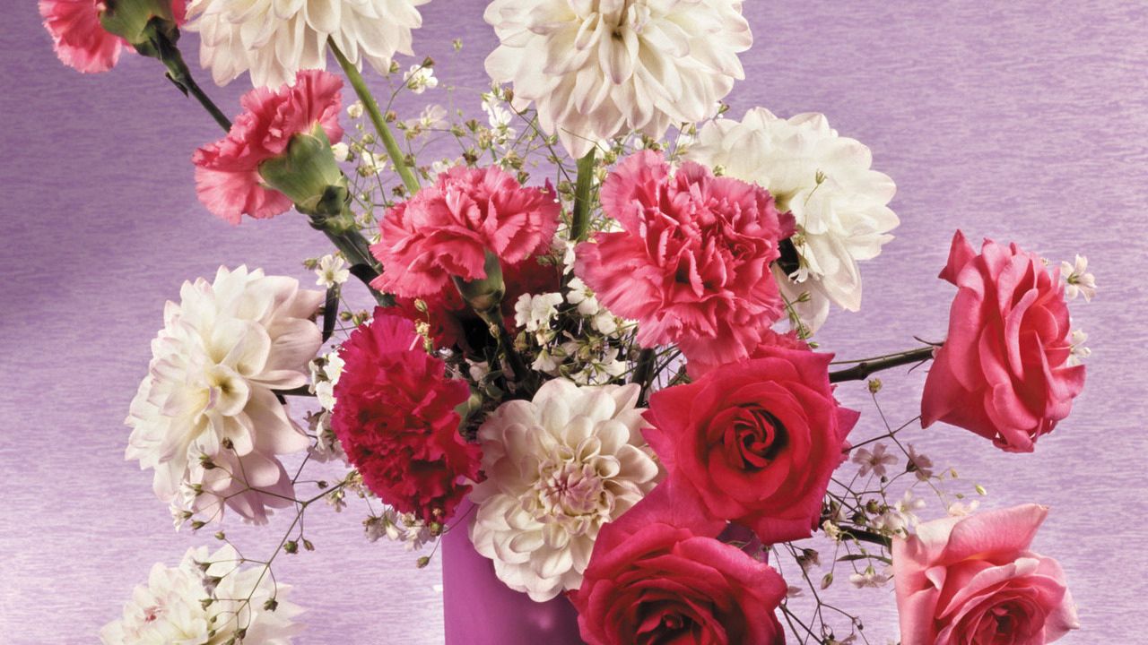 Wallpaper roses, dahlias, carnations, flowers, bouquet, vase, beauty