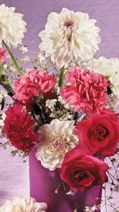 Preview wallpaper roses, dahlias, carnations, flowers, bouquet, vase, beauty