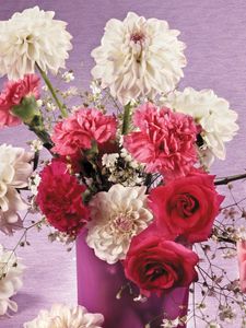 Preview wallpaper roses, dahlias, carnations, flowers, bouquet, vase, beauty