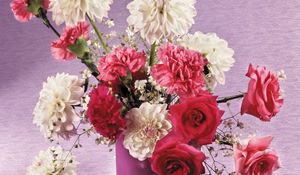 Preview wallpaper roses, dahlias, carnations, flowers, bouquet, vase, beauty