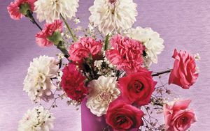 Preview wallpaper roses, dahlias, carnations, flowers, bouquet, vase, beauty