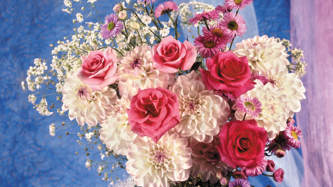 Wallpaper roses, dahlias, flowers, bouquet, vase, decoration, elegant