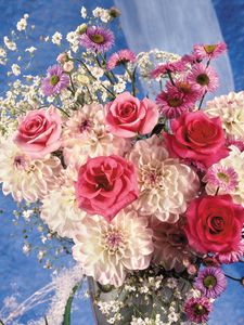 Preview wallpaper roses, dahlias, flowers, bouquet, vase, decoration, elegant