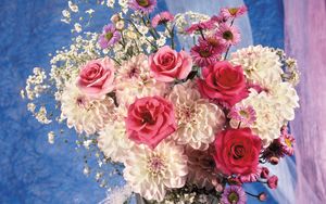 Preview wallpaper roses, dahlias, flowers, bouquet, vase, decoration, elegant