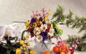 Preview wallpaper roses, daisies, flowers, field, flower, vase, fruit, still life