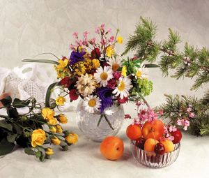 Preview wallpaper roses, daisies, flowers, field, flower, vase, fruit, still life