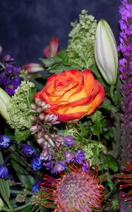 Preview wallpaper roses, delphinium, proteus, bouquet, greens, composition