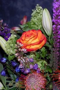 Preview wallpaper roses, delphinium, proteus, bouquet, greens, composition