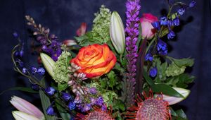 Preview wallpaper roses, delphinium, proteus, bouquet, greens, composition