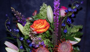 Preview wallpaper roses, delphinium, proteus, bouquet, greens, composition