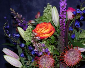 Preview wallpaper roses, delphinium, proteus, bouquet, greens, composition