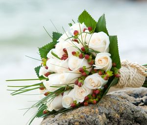 Preview wallpaper roses, flower, grass, stones, rope, beauty
