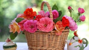 Preview wallpaper roses, flowers, basket, table, blur, china