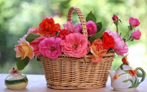 Preview wallpaper roses, flowers, basket, table, blur, china