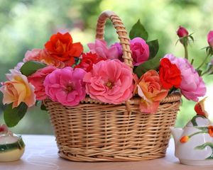 Preview wallpaper roses, flowers, basket, table, blur, china