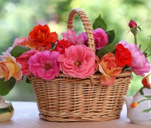 Preview wallpaper roses, flowers, basket, table, blur, china