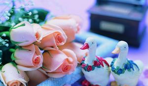 Preview wallpaper roses, flowers, bouquet, gypsophila, drops, geese