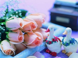Preview wallpaper roses, flowers, bouquet, gypsophila, drops, geese