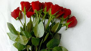 Preview wallpaper roses, flowers, bouquet, lies, tablecloth