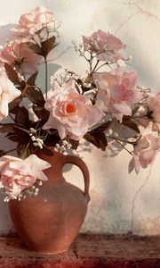 Preview wallpaper roses, flowers, bouquet, gypsophila, pitcher, wall