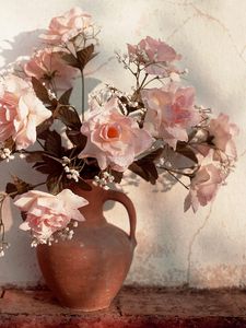 Preview wallpaper roses, flowers, bouquet, gypsophila, pitcher, wall