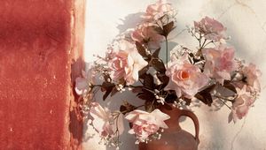 Preview wallpaper roses, flowers, bouquet, gypsophila, pitcher, wall