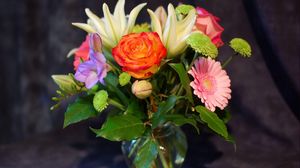 Preview wallpaper roses, flowers, bouquet, chrysanthemum, leaves, vase, beauty
