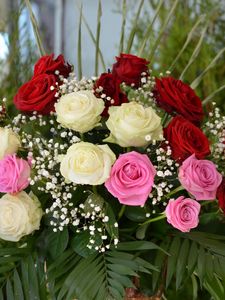 Preview wallpaper roses, flowers, bouquet, decoration, gypsophila, beauty