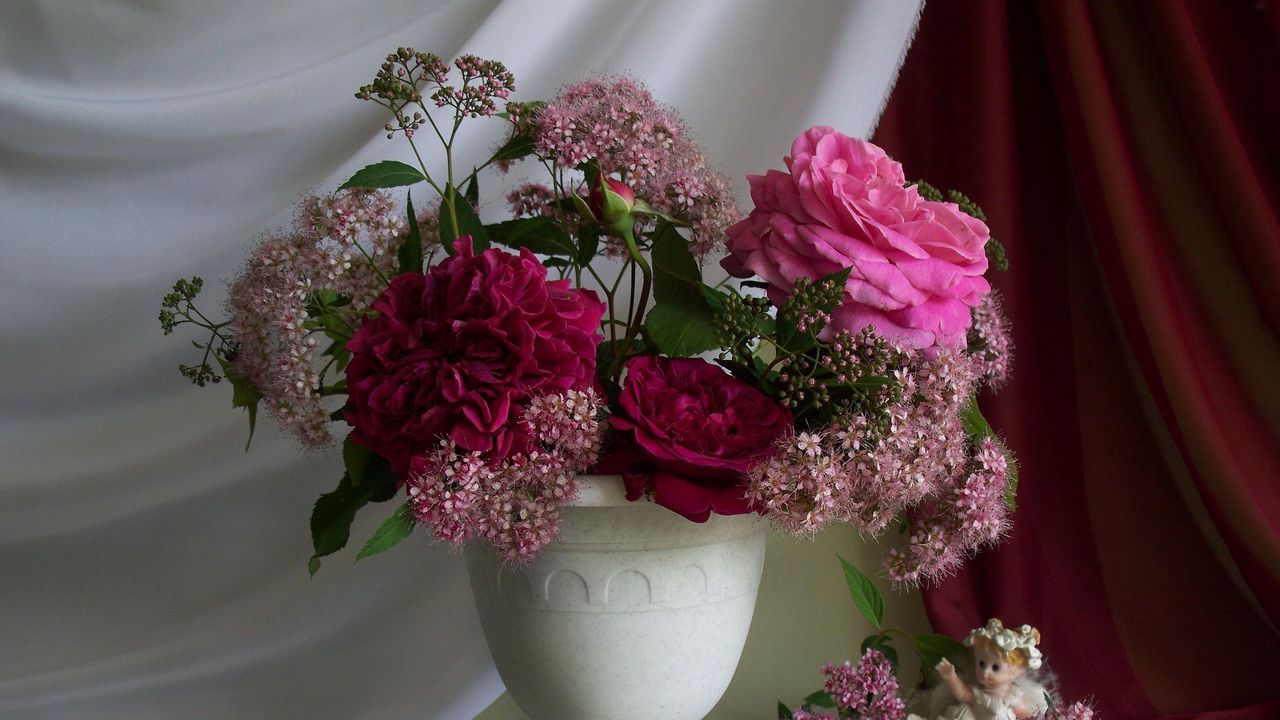 Wallpaper roses, flowers, bouquet, vase, angel, fabric, bud