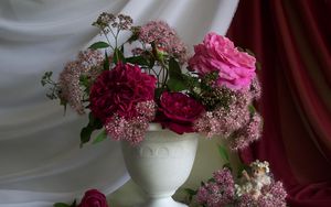 Preview wallpaper roses, flowers, bouquet, vase, angel, fabric, bud