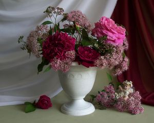 Preview wallpaper roses, flowers, bouquet, vase, angel, fabric, bud