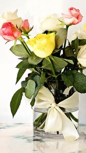 Preview wallpaper roses, flowers, bouquet, bow, vase, candle