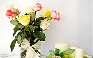 Preview wallpaper roses, flowers, bouquet, bow, vase, candle