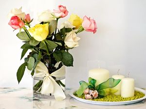 Preview wallpaper roses, flowers, bouquet, bow, vase, candle