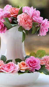 Preview wallpaper roses, flowers, bouquet, pitcher, flower buds