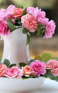 Preview wallpaper roses, flowers, bouquet, pitcher, flower buds