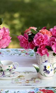 Preview wallpaper roses, flowers, bouquets, vase, basket, table, service, tablecloth, tea party