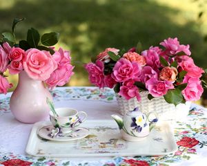 Preview wallpaper roses, flowers, bouquets, vase, basket, table, service, tablecloth, tea party