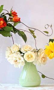 Preview wallpaper roses, flowers, bouquets, three, different, vase, wineglass