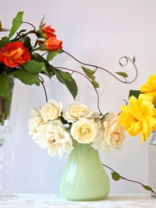 Preview wallpaper roses, flowers, bouquets, three, different, vase, wineglass